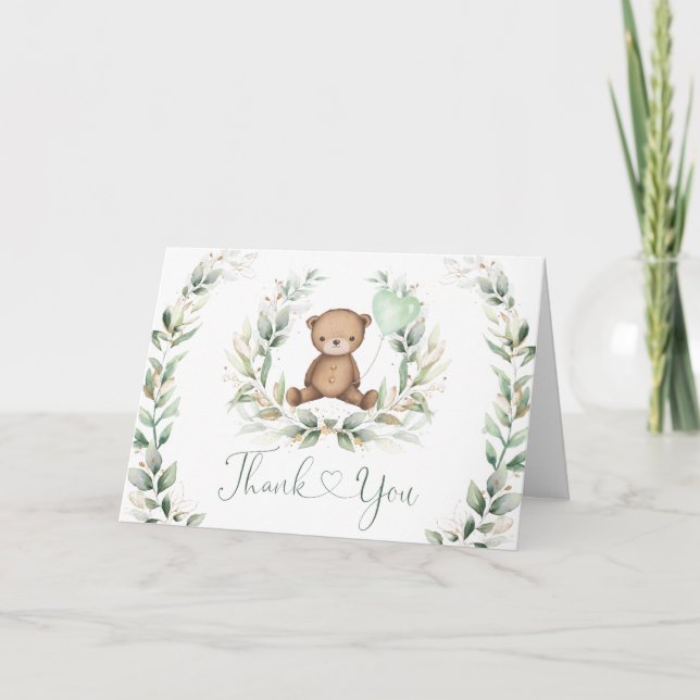 Teddy Bear with Balloon Greenery Eucalyptus Wreath Card (Front)