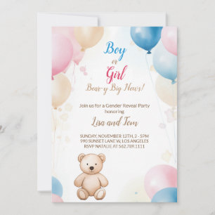 Teddy Bear with Balloons Baby Shower Gender Reveal Invitation