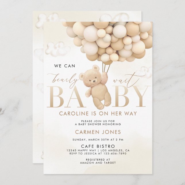 Teddy Bear with Balloons Baby Shower Invitation (Front/Back)
