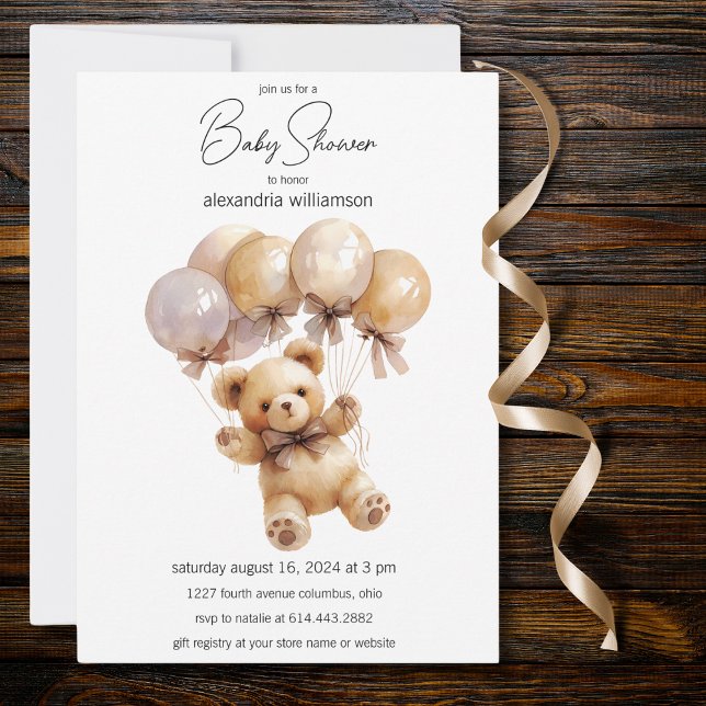 Teddy Bear with Balloons Baby Shower Invitation (Creator Uploaded)