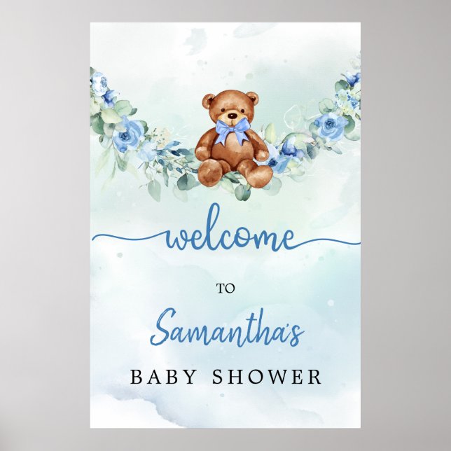 Teddy Bear With Balloons Greenery Boy Welcome Sign (Front)