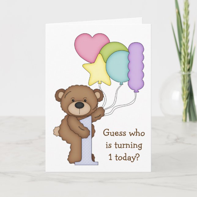 Teddy Bear with Balloons Kids First Birthday Card (Front)