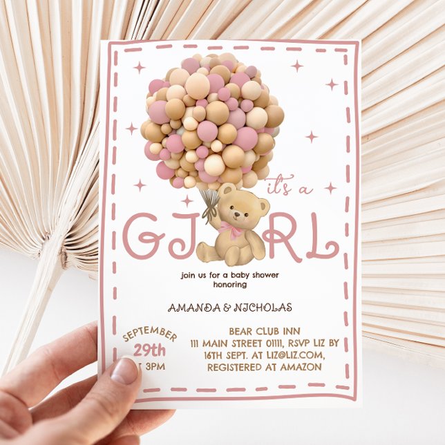 Teddy Bear With Balloons Pink Baby Girl Shower Invitation (Creator Uploaded)