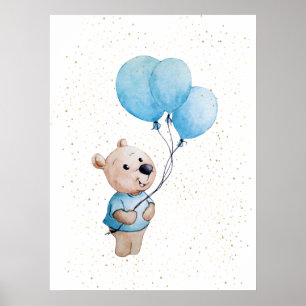 Teddy Bear with Balloons Watercolor Nursery Poster