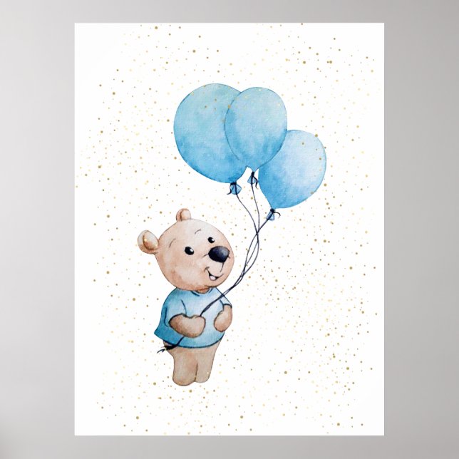 Teddy Bear with Balloons Watercolor Nursery Poster (Front)