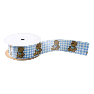 Teddy Bear with Bib on Blue Gingham Satin Ribbon