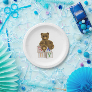 Teddy Bear with Blocks Baby Shower Paper Plate