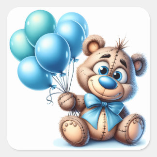 Teddy Bear with Blue Balloons Baby Shower Square Sticker