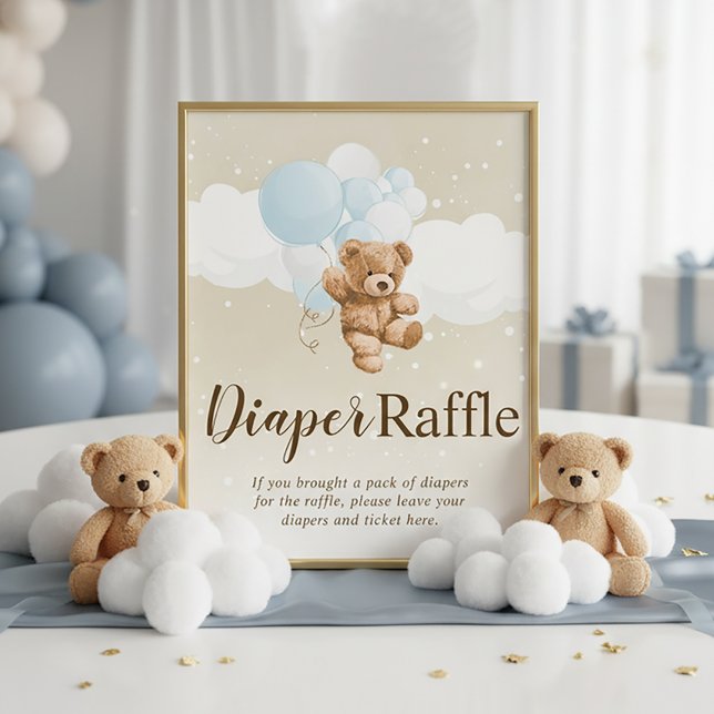 Teddy Bear with Blue Balloons Diaper Raffle Sign (Dusty Blue Teddy Bear Diaper Raffle Sign | Dusty Blue Teddy Bear Baby Shower)