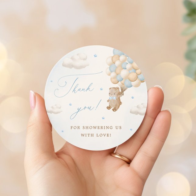 Teddy Bear with Blue Balloons Thank You Classic Round Sticker (Creator Uploaded)