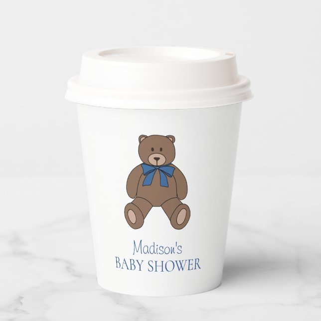 Teddy Bear with Blue Bow and Name Baby Shower Paper Cups (Front)