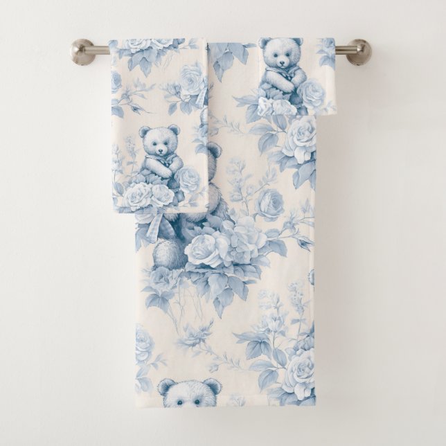teddy bear with blue roses bath towel set (Insitu)
