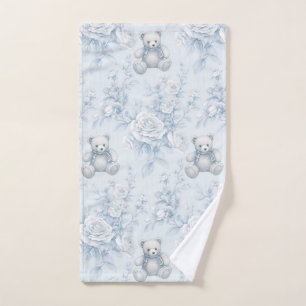 teddy bear with blue roses bath towel set
