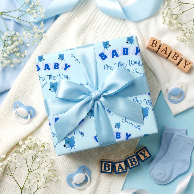 Teddy Bear With Blue Text Baby Shower Wrapping Paper (It's cute, it's fun and not traditional. Mom's name & one word message for you to customize)