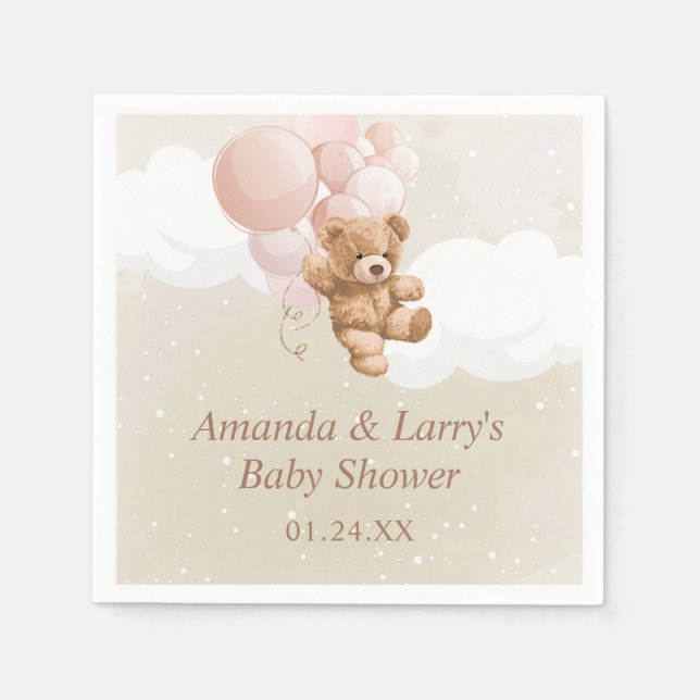 Teddy Bear with Blush Pink Balloons Napkin (Front)
