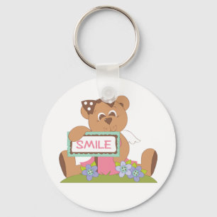 Teddy Bear with Bow Holding Smile Sign  Key Ring