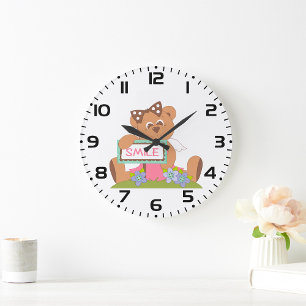 Teddy Bear with Bow Holding Smile Sign Large Clock