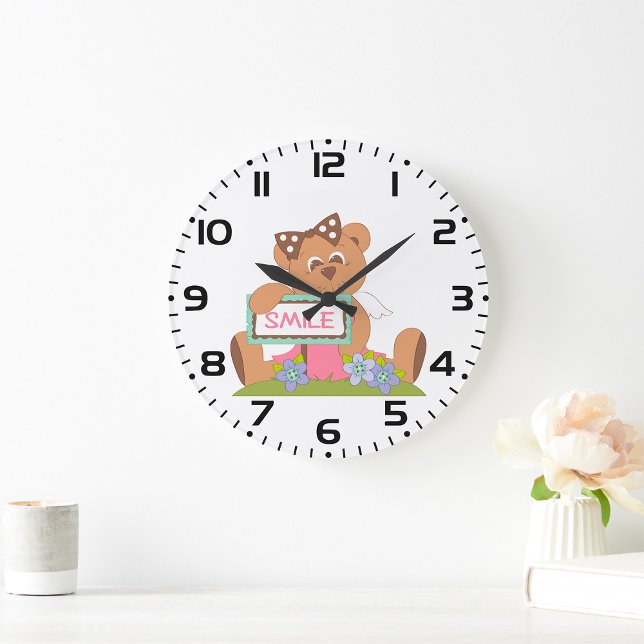 Teddy Bear with Bow Holding Smile Sign  Large Clock (Creator Uploaded)