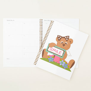 Teddy Bear with Bow Holding Smile Sign Planner