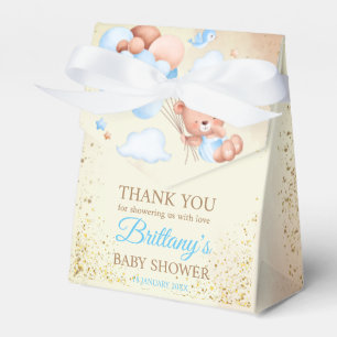 Teddy bear with brown and blue balloons and clouds favour box