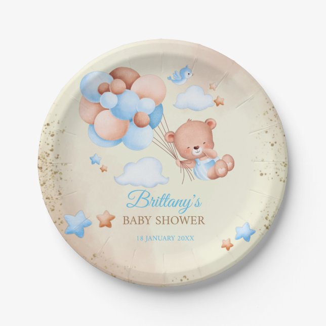 Teddy bear with brown and blue balloons and clouds paper plate (Front)