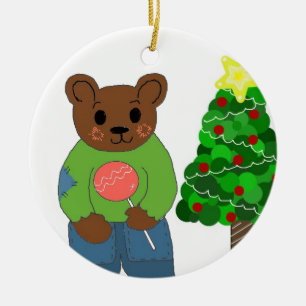 Teddy Bear with Christmas Tree Ceramic Tree Decoration