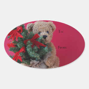 Teddy bear with Christmas tree Oval Sticker