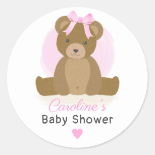 Teddy Bear with Cute Pink Bow Baby Girl Shower Classic Round Sticker