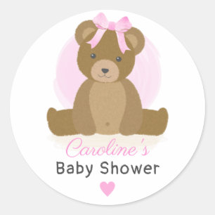 Teddy Bear with Cute Pink Bow Baby Girl Shower Classic Round Sticker