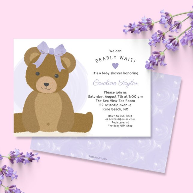 Teddy Bear with Cute Purple Bow Girl Baby Shower Invitation (Creator Uploaded)
