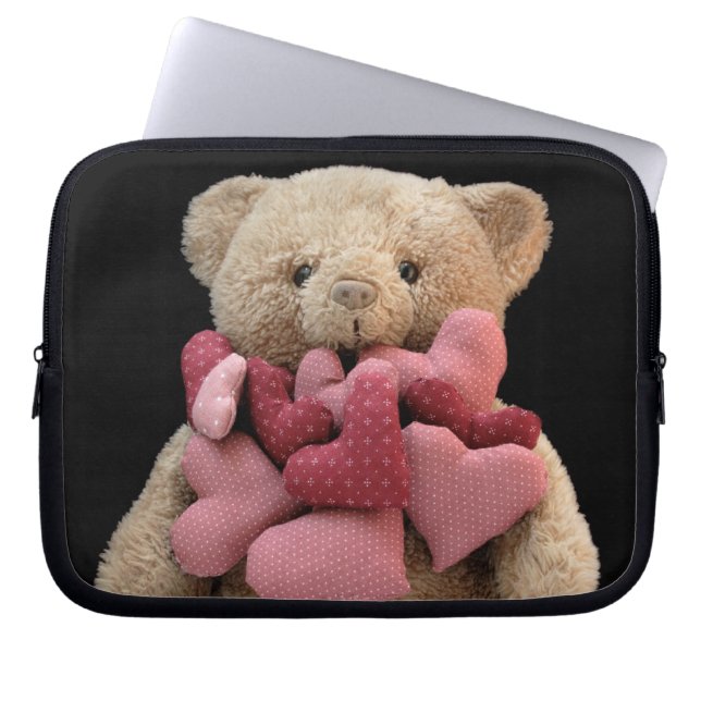 teddy bear with fabric hearts laptop sleeve (Front)