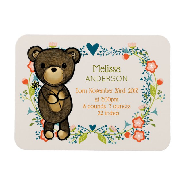Teddy Bear with Fancy Florals baby Birth Magnet (Horizontal)