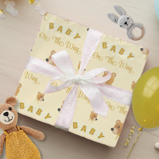 Teddy Bear With Gold Cream Text Baby Shower Wrapping Paper