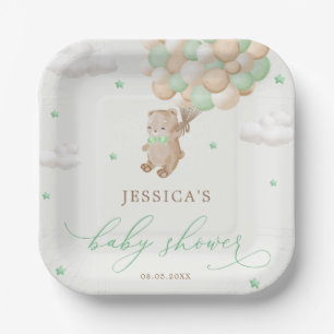Teddy Bear with Green Balloons Baby Shower Paper Plate