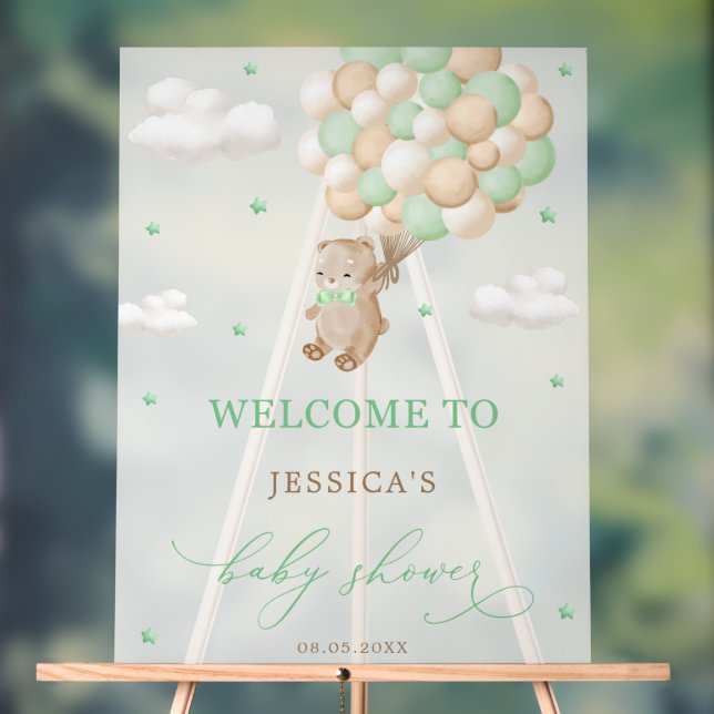 Teddy Bear with Green Balloons Baby Shower Welcome Acrylic Sign (Neutral)