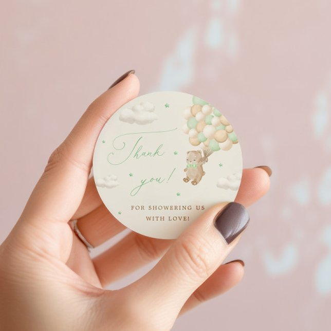 Teddy Bear with Green Balloons Thank You Classic Round Sticker (Creator Uploaded)