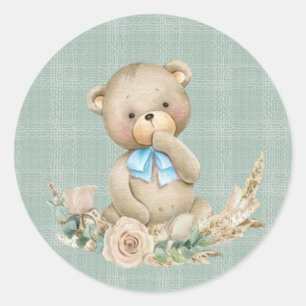 Teddy Bear with Greenery Pink Rose Boy Baby Shower Classic Round Sticker