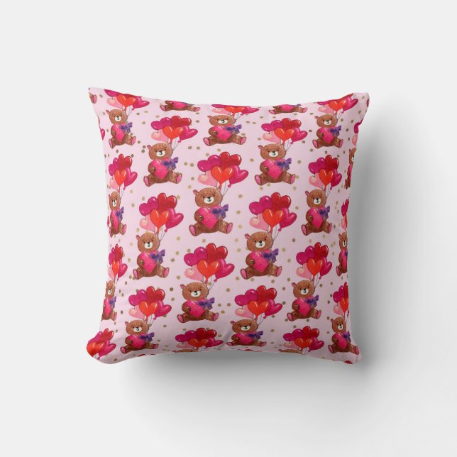 Teddy Bear With Heart Balloons Pattern Cushion (Front)