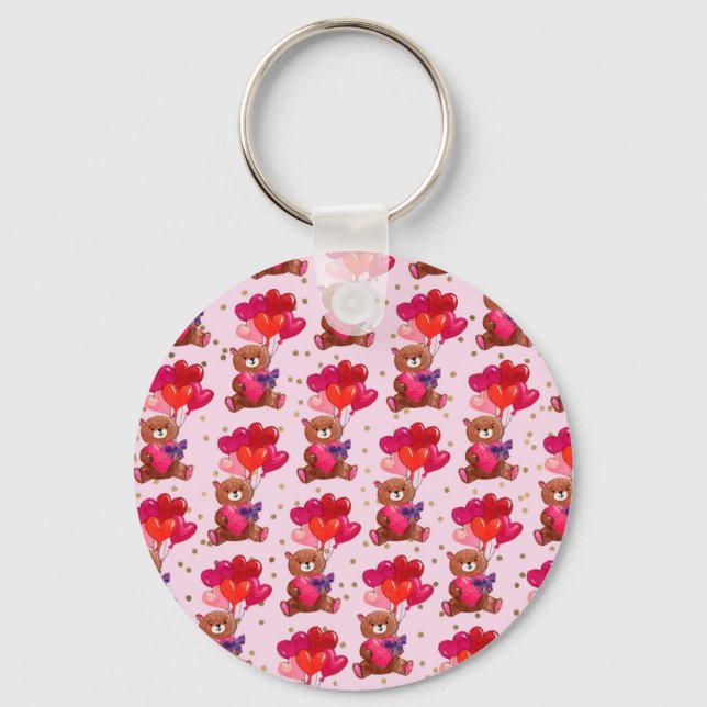 Teddy Bear With Heart Balloons Pattern Key Ring (Front)