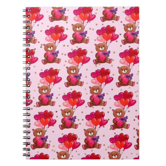 Teddy Bear With Heart Balloons Pattern Notebook (Front)