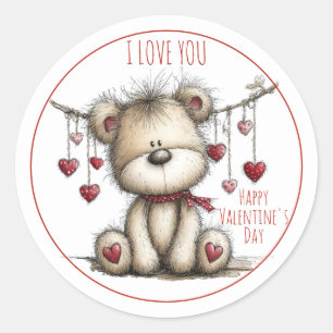Teddy Bear with Heart Scarf and Hanging Hearts Classic Round Sticker
