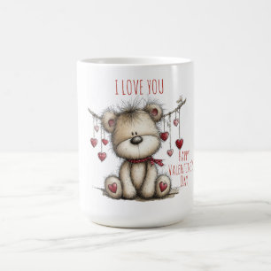 Teddy Bear with Heart Scarf and Hanging Hearts Coffee Mug