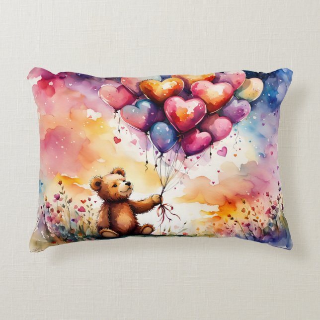 Teddy bear with Heart shaped balloons Decorative Cushion (Front)