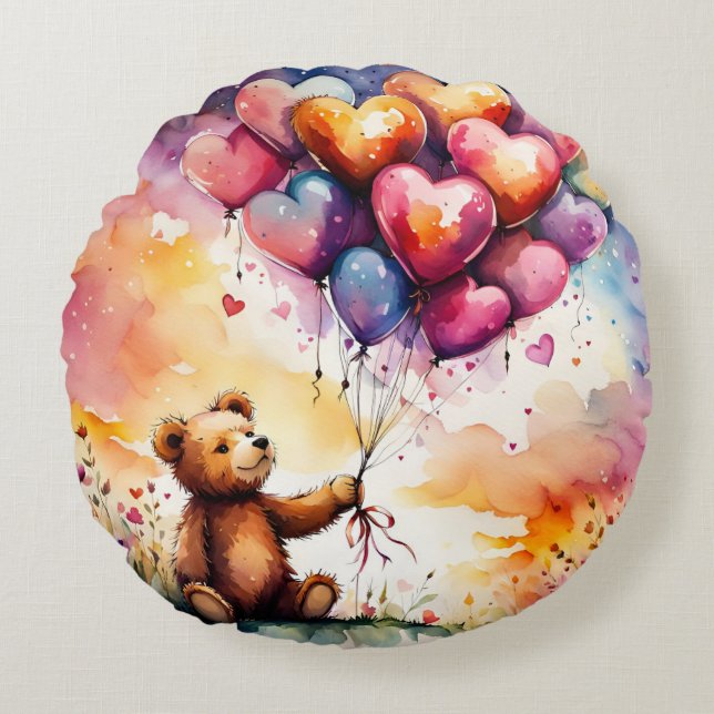 Teddy bear with Heart shaped balloons Round Cushion (Front)