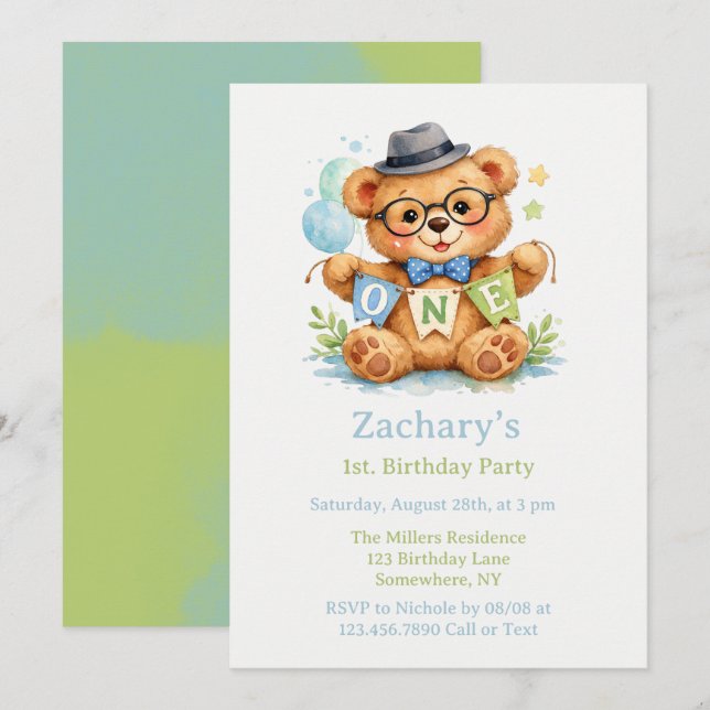 Teddy Bear with ONE Banner 1st. Birthday  Invitation (Front/Back)