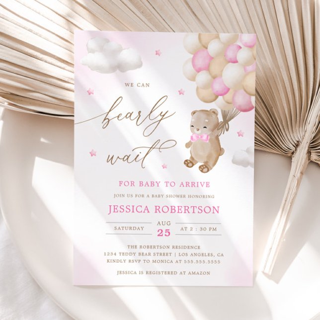 Teddy Bear with Pink Ballons Baby Shower Invitation (Creator Uploaded)