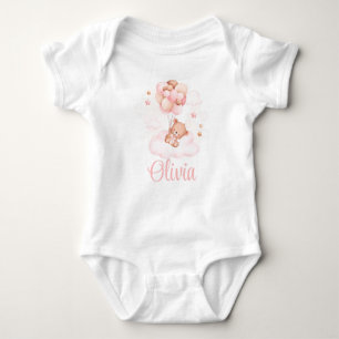 Teddy Bear with Pink Balloon Custom Name Baby Bodysuit