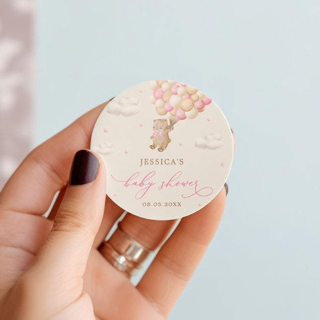 Teddy Bear with Pink Balloons Baby Shower Classic Round Sticker (Creator Uploaded)