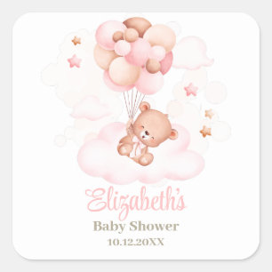 Teddy Bear with Pink Balloons Baby Shower  Square Sticker