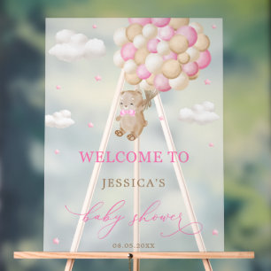 Teddy Bear with Pink Balloons Baby Shower Welcome Acrylic Sign